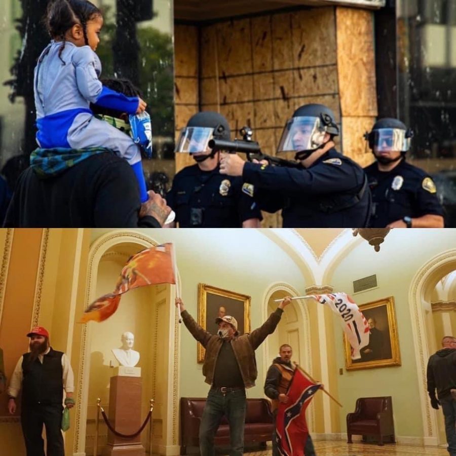 A comparison of images. The top image is from a BLM rally in Long Beach. The bottom image is from the insurrection against the Capitol. 