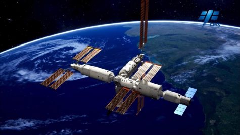 A render of the Tiangong space station, showing the Mengtian module (left) after docking with the Tianhe module (right) docking hub. Credit: CMSA