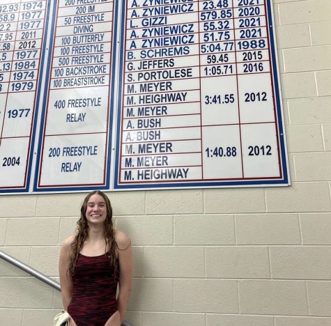 Addy Szakaly poses by the Swim and Dive record board at John Adams High School.