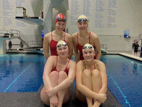 Addison Skube, Elisa Nerenberg, Willa Kricheff, and Addy Szakaly pose for a picture at the IHSAA State Competition.