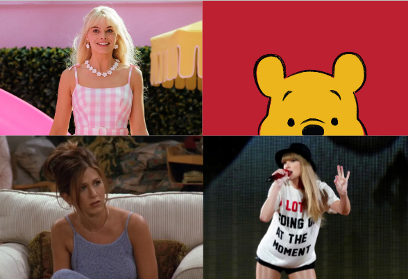 Photo credit:
Molly Moss, Radio Times https://www.radiotimes.com/movies/barbie-movie-cast/
Bord Gáis Energy Theater https://www.bordgaisenergytheatre.ie/show/winnie-the-pooh/
Insider https://www.insider.com/rachel-green-best-outfits-on-friends-2018-2#also-in-the-pilot-episode-she-wore-millennial-pink-years-before-it-was-even-branded-2
Jeff Kravitz LA Timeshttps://www.latimes.com/entertainment-arts/story/2023-08-01/13-events-where-swifties-can-celebrate-the-eras-tour-around-la
