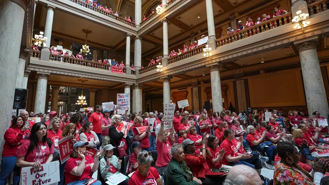 Teachers from across the state rally at the Indiana Statehouse on Thursday, April 13, 2023, in Indianapolis.