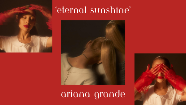 Ariana Grandes eternal sunshine main album cover (center) and alternate vinyl album covers (left and right)