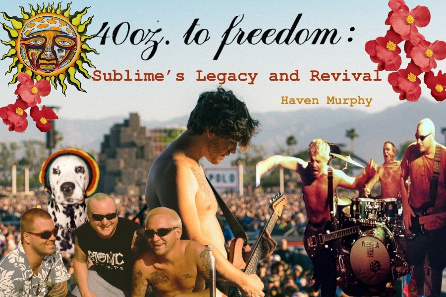 Credit, left to right: Bradley Nowell, Eric Wilson and Bud Gaugh by Steve Eichner (1995), Lou-Dog by Bradley Nowell (1990), Jakob Nowell by Josh Kim (2024), Sublime Behind the Scenes of "Date Rape" Music Video by Josh Coffman (1995), Scarlet Begonia Flowers by Ballseed.com